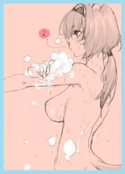 Rule 34 | 00s, 1girl, animal ears, back, bathing, breasts, cat ears, cat tail, final fantasy, final fantasy xi, hairband, mithra (ff11), monochrome, nipples, nude, ponytail, short hair, shower, sketch, soap, soap bubbles, solo, tachibana chata, tail, washing, wet, whistling