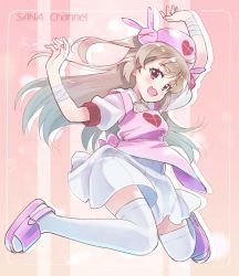 Rule 34 | 1girl, apron, bandages, blush, commentary, copyright name, dress, fang, full body, hair ornament, hat, heart, highres, jumping, light brown hair, long hair, looking at viewer, natori sana, nurse cap, open mouth, pink apron, pink footwear, pink hat, puffy short sleeves, puffy sleeves, rabbit hair ornament, red eyes, sakino shingetsu, sana channel, short dress, short sleeves, skin fang, smile, solo, thighhighs, two side up, virtual youtuber, white dress, zettai ryouiki