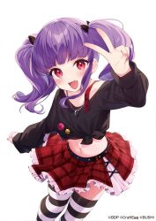 Rule 34 | 1girl, bang dream!, fang, frilled skirt, frills, highres, jewelry, long hair, long sleeves, looking at viewer, navel, necklace, official art, open mouth, pink eyes, pink nails, purple hair, red skirt, skirt, striped clothes, striped thighhighs, thighhighs, tousaki shiina, twintails, udagawa ako, v