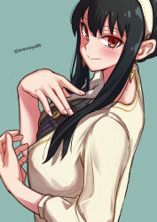 Rule 34 | 1girl, aosora2823, black hair, black shirt, blue background, blush, breasts, cardigan, hairband, highres, looking at viewer, looking to the side, medium breasts, red eyes, shirt, sidelocks, simple background, smile, solo, spy x family, twitter username, upper body, white hairband, yor briar