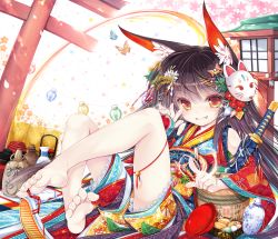 Rule 34 | 1girl, animal ears, barefoot, bell, between toes, bottle, brown hair, bug, butterfly, cherry blossoms, commentary request, cup, detached sleeves, feet, fox mask, grin, hair ornament, highres, bug, jingle bell, katana, lantern, long hair, mask, mask on head, original, paper lantern, red eyes, sakazuki, sake bottle, sandals, sheath, sheathed, shoe dangle, smile, soles, solo, sword, tenmu shinryuusai, toes, torii, weapon