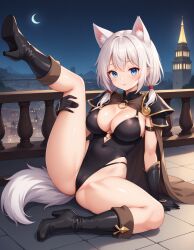 1girl :p animal_ear_fluff animal_ears arm_strap armor ass bare_shoulders black_footwear black_gloves black_leotard blue_eyes blush boots breasts cameltoe cape cat_ears cleavage closed_mouth clothing_cutout covered_navel crescent_moon extra_ears female_focus fox_ears full_body full_moon gloves gold_trim hair_between_eyes high_heel_boots high_heels highleg highleg_leotard knee_boots large_breasts leg_up leotard long_hair looking_at_viewer low_twintails moon navel night night_sky outdoors shoes shoulder_armor sitting skindentation sky smile solo spread_legs star_(sky) tail thigh_boots thighhighs thighs tongue tongue_out twintails white_hair