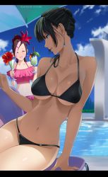 Rule 34 | 2girls, :d, absurdres, alternate hair color, arm support, bikini, black bikini, black hair, black sclera, blonde hair, breasts, cleavage, closed eyes, cloud, colored sclera, colorized, curvy, day, derivative work, drink, earrings, flower, frilled bikini, frills, fubuki (one-punch man), gaston18, goggles, groin, hair flower, hair ornament, hat, highres, jewelry, jumping, large breasts, letterboxed, life vest, lying, multiple girls, narrow waist, navel, on side, one-punch man, open mouth, outdoors, pink bikini, pool, profile, sansetsukon no lily, shorts, sitting, sky, smile, solo focus, swimsuit, underboob