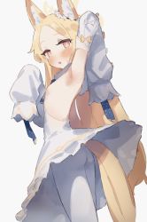 Rule 34 | animal ears, arm behind back, arm up, armpits, blonde hair, blue archive, blush, cruciform halo, detached sleeves, dress, epi zero, forehead, fox ears, from side, halo, highres, necktie, pantyhose, parted bangs, seia (blue archive), short necktie, sleeve bow, sleeveless, sleeveless dress, sleeves past fingers, sleeves past wrists, tail, white dress, yellow eyes