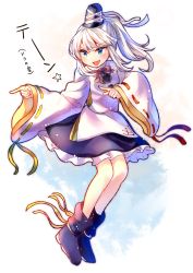 Rule 34 | blue eyes, blush, furrowed brow, hat, highres, itsumizu, knees, layered clothes, legs together, mononobe no futo, open mouth, pointing, pointing to the side, pom pom (clothes), ribbon, ribbon-trimmed sleeves, ribbon trim, shoes, simple background, skirt, smile, tate eboshi, touhou, translation request, white hair