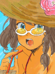 Rule 34 | 1girl, alternate hairstyle, aqua nails, artist request, beach, bikini, blue eyes, bow, braid, brown hair, child, collarbone, creatures (company), cup, drinking glass, eyelashes, fangs, female focus, fingernails, flat chest, game freak, gen 3 pokemon, hair ornament, hat, holding, looking at viewer, may (pokemon), medium hair, nail polish, neck, nintendo, ocean, open mouth, outdoors, pokemon, pokemon adventures, red bikini, red bow, red ribbon, ribbon, short ponytail, side bangs, sky, summer, sunglasses, swimsuit, szm, traditional media, upper body, water