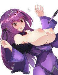 Rule 34 | 1girl, bare shoulders, blush, breasts, clothes pull, detached collar, dress, dress pull, fate/grand order, fate (series), full-face blush, fur trim, hair between eyes, hair ribbon, highres, large breasts, long hair, nipples, open mouth, pononozo, puffy nipples, purple dress, purple hair, purple ribbon, red eyes, ribbon, scathach (fate), scathach skadi (fate), simple background, solo, surprised, sweatdrop, tiara, wand, wardrobe malfunction, white background