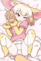 Rule 34 | 10s, 1girl, animal ears, bed sheet, blonde hair, brown eyes, commentary, dated, elbow gloves, extra ears, fennec (kemono friends), fox ears, fur trim, gloves, itsuki (kisaragi), kemono friends, lying, multicolored hair, on back, panties, photo-referenced, pink footwear, puffy short sleeves, puffy sleeves, short hair, short sleeves, signature, skirt, smile, solo, thighhighs, underwear, uneven eyes, white panties, white skirt, yellow gloves
