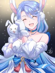Rule 34 | 1girl, absurdres, animal ears, bare shoulders, blue hair, breasts, choker, closed eyes, dated, dress, epic seven, fur-trimmed gloves, fur trim, gloves, hair between eyes, hair intakes, highres, holding animal, holding rabbit, i a n, light blue hair, long hair, medium breasts, moon (ornament), moon bunny dominiel, open mouth, pom pom (clothes), rabbit, rabbit ears, red tassel, sidelocks, signature, smile, star (sky), star (symbol), starry background, strapless, strapless dress, swept bangs, tassel, very long hair, white dress, white gloves