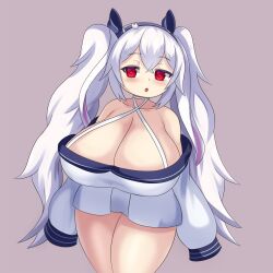 Rule 34 | 1girl, alternate breast size, azur lane, breasts, cleavage, hairband, highres, huge breasts, laffey (azur lane), laffey ii (azur lane), long hair, nav (itsnav), red eyes, shortstack, simple background, sleeves past fingers, sleeves past wrists, solo, thick thighs, thighs, twintails, very long hair