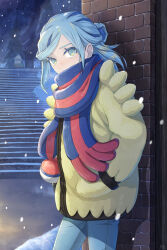 Rule 34 | 1boy, aqua eyes, aqua hair, blue scarf, blush, brick wall, commentary request, creatures (company), eyelashes, game freak, gen 4 pokemon, grusha (pokemon), hands in pockets, highres, jacket, male focus, min (myna8247), night, nintendo, outdoors, pants, pokemon, pokemon (creature), pokemon sv, scarf, scarf over mouth, snover, snow, snowing, stairs, standing, striped clothes, striped scarf, tree, yellow jacket