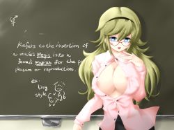 Rule 34 | 1girl, 7ban, areola slip, arm up, bad id, bad pixiv id, blue eyes, breasts, chalkboard, cleavage, covered erect nipples, doodle, english text, engrish text, female focus, glasses, green hair, hairband, large breasts, long hair, mars symbol, open clothes, open mouth, open shirt, original, ranguage, shirt, smile, solo, teacher, venus symbol