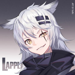 Rule 34 | 1girl, animal ears, arknights, artist name, black jacket, character name, chinese commentary, commentary request, gradient background, grey background, grin, hair between eyes, hair ornament, hairclip, high collar, jacket, lappland (arknights), long hair, looking at viewer, nian (zhanian), portrait, scar, scar across eye, scar on face, silver hair, smile, solo, uneven eyes, wolf ears, yellow eyes
