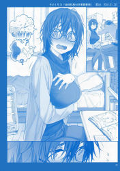 Rule 34 | 1boy, 1girl, 1koma, absurdres, bed, blanket, blue theme, blush, book, bookshelf, breast hold, breasts, character request, comic, crowd, crowd surfing, desk, embarrassed, flying sweatdrops, from side, getsuyoubi no tawawa, glasses, grabbing own breast, hand on own chest, heater, highres, himura kiseki, holding, holding book, jacket, kakyou-san (tawawa), large breasts, long sleeves, looking at viewer, looking away, looking down, looking to the side, math, messy hair, monochrome, nose blush, open book, open clothes, open jacket, open mouth, own hands together, pants, scan, shirt, short hair, silent comic, sitting, speech bubble, sweater, swivel chair, turtleneck, turtleneck sweater, wavy mouth