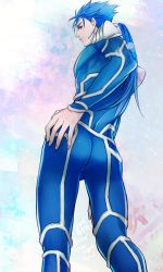 Rule 34 | 1boy, ass, blue background, blue hair, bodysuit, bulge, cu chulainn (fate), earrings, fate/stay night, fate (series), hand on own hip, jewelry, jun (ash), cu chulainn (fate/stay night), long hair, looking at viewer, looking back, male focus, pink background, ponytail, red eyes, shoulder pads, solo