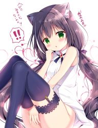Rule 34 | !, !!, 1girl, ^^^, animal ear fluff, animal ears, azumi kazuki, bare arms, bare shoulders, between legs, black hair, black thighhighs, blush, bottomless, bow, breasts, brooch, cat ears, chestnut mouth, commentary request, green eyes, hair between eyes, hair bow, hand between legs, hand up, highres, jewelry, karyl (princess connect!), long hair, looking at viewer, low twintails, multicolored hair, parted lips, princess connect!, purple bow, shirt, sleeveless, sleeveless shirt, small breasts, solo, star (symbol), streaked hair, thighhighs, translation request, twintails, very long hair, white background, white hair, white shirt