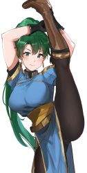 Rule 34 | 1girl, absurdres, asymmetrical bangs, belt, black pants, black pantyhose, blue dress, blush, boots, breasts, brown footwear, closed mouth, dress, earrings, fire emblem, fire emblem: the blazing blade, green eyes, green hair, high ponytail, highres, jewelry, knee boots, large breasts, leg lift, leg up, long hair, looking at viewer, lyn (fire emblem), nintendo, ormille, pants, pantyhose, pelvic curtain, ponytail, sash, short sleeves, simple background, smile, split, standing, standing on one leg, standing split, thighs, white background