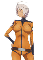 Rule 34 | 10s, 1girl, ahoge, arm at side, belt, belt skirt, bodysuit, breasts, breasts apart, clenched hand, cowboy shot, dark-skinned female, dark skin, expressionless, frown, hair between eyes, hamushima, hand on own hip, image sample, legs apart, looking to the side, medium breasts, military, military uniform, red eyes, short hair, silver hair, simple background, skin tight, solo, standing, tan, turtleneck, uchuu senkan yamato, uchuu senkan yamato 2199, uniform, white background, yamamoto akira