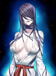Rule 34 | 1girl, black hair, breasts, covered eyes, fatal frame, fatal frame 5, ghost, hair over eyes, lipstick, long hair, makeup, nintendo, no bra, smile, solo, standing, tecmo, wet, wet clothes, wet hair