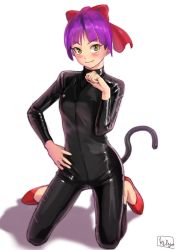 Rule 34 | 1girl, black bodysuit, bodysuit, bow, breasts, cat tail, facing viewer, fang, fang out, full body, gegege no kitarou, hair bow, hand on own hip, highres, kilye kairi, kneeling, latex, latex suit, nekomusume, no socks, paw pose, purple hair, red bow, red footwear, ribbon, shiny clothes, shoes, simple background, skin tight, skinny, small breasts, solo, tail, v-shaped eyebrows, white background, yellow eyes, zipper