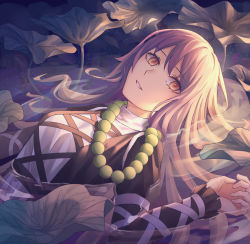 Rule 34 | 1girl, arm up, beads, blonde hair, dress, empty eyes, gradient hair, highres, hijiri byakuren, juliet sleeves, layered dress, leaf, long hair, long sleeves, looking at viewer, lying, multicolored hair, on back, parted lips, partially submerged, prayer beads, puffy sleeves, purple hair, solo, symbol-only commentary, touhou, upper body, very long hair, yangsan (2991076090), yellow eyes