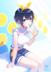 Rule 34 | 1girl, :3, belt, black hair, blue eyes, blue shorts, blush, breasts, closed mouth, commentary request, cup, disposable cup, drinking, earrings, food-themed earrings, food themed earrings, hair ribbon, hairband, holding, holding cup, jewelry, lemon earrings, medium breasts, nekokan masshigura, on floor, original, plaid, plaid shorts, ribbon, shirt, short hair, shorts, sitting, sleeveless, sleeveless shirt, smile, solo, twitter username, white shirt, yellow hairband, yellow ribbon