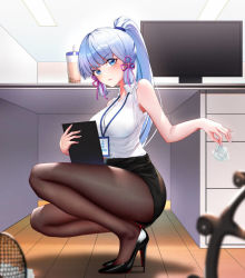 Rule 34 | 1girl, alternate costume, ayaka (genshin impact), bare arms, bare shoulders, black footwear, black pantyhose, black skirt, blue eyes, blue hair, blunt bangs, blurry, blush, breasts, bubble tea, censored, collared shirt, contemporary, crumpled paper, cup, depth of field, desk, disposable cup, drink, drinking straw, folder, from side, full body, genshin impact, hair ribbon, high heels, high ponytail, holding, holding folder, holding paper, id card, indoors, lanyard, legs, long hair, looking at viewer, looking to the side, miniskirt, mole, mole under eye, monitor, nail polish, office, office lady, outstretched arm, pantyhose, paper, patent heels, pencil skirt, pink ribbon, ponytail, pumps, racket, ribbon, shadow, shirt, shoes, sidelocks, skirt, sky wbo, sleeveless, sleeveless shirt, solo, squatting, stiletto heels, trash, tress ribbon, white nails, wooden floor