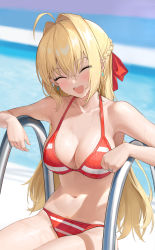 Rule 34 | 1girl, :d, absurdres, ahoge, armpits, bare arms, bare shoulders, bikini, blonde hair, blurry, blurry background, blush, breasts, cleavage, closed eyes, collarbone, day, depth of field, earrings, facing viewer, fate/grand order, fate (series), hair between eyes, hair intakes, highres, jewelry, large breasts, long hair, navel, nero claudius (fate), nero claudius (fate) (all), open mouth, outdoors, pool ladder, red bikini, ring, shenqi xiao hong zai nali, sitting, smile, solo, stomach, striped bikini, striped clothes, swimsuit, very long hair, wedding band, wet