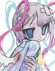 Rule 34 | 1girl, angel wings, asymmetrical bangs, bags under eyes, bandaid, blood, blood on clothes, blue bow, blue eyes, blue hair, bow, brooch, chouzetsusaikawa tenshi-chan, closed mouth, commentary, empty eyes, english commentary, expressionless, from side, grey hair, hair bow, hair ornament, hand on own arm, heart, heart brooch, highres, jewelry, long hair, long sleeves, looking to the side, mini wings, multicolored hair, multiple hair bows, needy girl overdose, no pupils, pink bow, pink hair, purple bow, quad tails, r (reijibnuy2), signature, simple background, solo, twintails, upper body, white background, wings, yellow bow