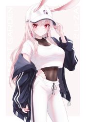 Rule 34 | 1girl, animal ear fluff, animal ears, bae.c, baseball cap, black jacket, breasts, brown background, character name, cleavage, closed mouth, covered navel, crop top, crop top overhang, ears through headwear, hair between eyes, hand on headwear, hand up, hat, highres, jacket, leotard, leotard under clothes, liza (bae.c), long hair, long sleeves, looking at viewer, medium breasts, nail polish, off shoulder, open clothes, open jacket, pants, puffy long sleeves, puffy sleeves, rabbit ears, red eyes, red nails, shirt, sleeves past wrists, solo, tsumi no hahen (debris), two-tone background, very long hair, white background, white hat, white pants, white shirt