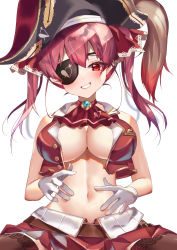 Rule 34 | 1girl, absurdres, blush, breasts, chierishu, eyepatch, gloves, grin, hat, highres, hololive, houshou marine, large breasts, navel, pink hair, pirate hat, red eyes, skirt, smile, solo, stomach, underboob, virtual youtuber