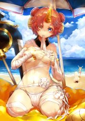 Rule 34 | 1girl, armlet, bandaged arm, bandaged leg, bandages, beach, beach umbrella, blue eyes, blush, breasts, day, detached sleeves, double bun, fate/apocrypha, fate/grand order, fate (series), frankenstein&#039;s monster (fate), frankenstein&#039;s monster (swimsuit saber) (fate), frankenstein&#039;s monster (swimsuit saber) (third ascension) (fate), hair bun, hair ornament, hairclip, highres, horns, medjed (fate), navel, nero claudius (fate), nero claudius (fate) (all), nero claudius (swimsuit caster) (fate), nipples, orange hair, ribbon, short hair, single detached sleeve, single horn, sitting, small breasts, solo focus, umbrella, wei yu, yellow eyes