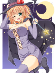 Rule 34 | 1girl, ;d, asa no ha (awayuki), blush, border, borrowed character, breasts, cape, cleavage, covered erect nipples, crescent moon, green eyes, hat, large breasts, medium hair, miria (wizard erk), moon, navel, one eye closed, open mouth, orange hair, original, outside border, smile, solo, star (symbol), thighhighs, twintails, wand, white border, witch hat, zettai ryouiki