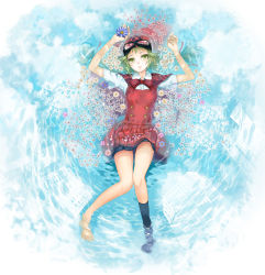 Rule 34 | 1girl, alternate costume, barefoot, flower, goggles, green hair, gumi, hat, highres, kanipanda, lying, parted lips, partially submerged, reflection, single sock, socks, solo, vocaloid, water