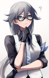 Rule 34 | 1girl, ?, armband, black gloves, black sleeves, blue armband, blue necktie, closed mouth, fu hua, fu hua (night squire), glasses, gloves, grey hair, hair between eyes, hand on own chin, highres, honkai (series), honkai impact 3rd, long hair, low ponytail, necktie, simple background, solo, upper body, white background, yunomi (yunomi hs)