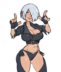 Rule 34 | 1girl, angel (kof), artist name, breasts, bursting breasts, cleavage, curvy, grey hair, highres, index fingers raised, large breasts, legs, midriff, navel, parted lips, revealing clothes, short hair, smile, snk, the king of fighters, thick thighs, thighs, toned, wide sleeves