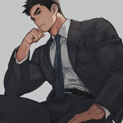 Rule 34 | 1boy, absurdres, bara, black hair, black suit, bulge, elbow rest, formal, from below, frown, highres, large pectorals, long sideburns, looking ahead, louis tjxx, male focus, muscular, muscular male, original, pectorals, salaryman, short hair, sideburns, solo, suit, thick eyebrows, tight clothes