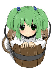 Rule 34 | 1girl, blush, bucket, chagen kokimu, child, dress, face, female focus, green eyes, green hair, hair bobbles, hair ornament, in bucket, in container, kisume, matching hair/eyes, solo, touhou, twintails, white dress