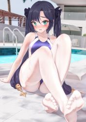 Rule 34 | 1girl, alternate costume, aqua eyes, arm support, ass, bae.c, bare arms, bare shoulders, black hair, blush, bow, breasts, competition swimsuit, feet, fine fabric emphasis, genshin impact, hair bow, highres, knees up, long hair, looking at viewer, medium breasts, mona (genshin impact), no shoes, nose blush, one-piece swimsuit, open mouth, pantyhose, pantyhose under swimsuit, pool, purple one-piece swimsuit, shiny clothes, shiny legwear, sitting, solo, swimsuit, thighband pantyhose, toes, twintails, very long hair, white pantyhose