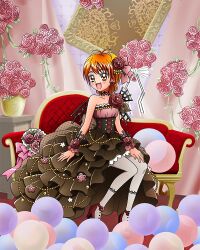 Rule 34 | 1girl, :d, artist request, bare shoulders, black dress, commentary, couch, dress, earrings, english commentary, eyelashes, flower, futari wa precure, hair flower, hair ornament, happy, highres, jewelry, misumi nagisa, official art, open mouth, orange eyes, orange hair, pink flower, pink rose, precure, precure connection puzzlun, rose, short hair, sitting, smile, solo, third-party source