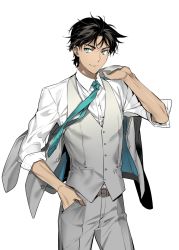 Rule 34 | 1boy, aqua necktie, black hair, blue eyes, cowboy shot, dress shirt, grey jacket, grey pants, hand in pocket, hattori heiji, holding, holding clothes, holding jacket, jacket, looking at viewer, male focus, meitantei conan, necktie, pants, ro-a, shirt, simple background, smile, solo, standing, white background, white shirt