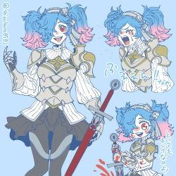 Rule 34 | 1girl, armor, blood, blue hair, blush, bow, fire emblem, fire emblem fates, gloves, gradient hair, hair over one eye, long hair, looking at viewer, multicolored hair, nintendo, open mouth, peri (fire emblem), pink hair, red eyes, shirokuro (0501nk), smile, solo, twintails, two-tone hair, weapon