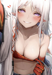 Rule 34 | 1girl, absurdres, arknights, bandeau, blush, breasts, cleavage, clothes pull, commentary request, grin, groin, heart, highres, large breasts, long hair, looking at viewer, midriff, navel, nian (arknights), partial commentary, pointy ears, purple eyes, single bare shoulder, smile, solo, stomach, strapless, tab head, teasing, tube top, tube top pull, upper body, white hair