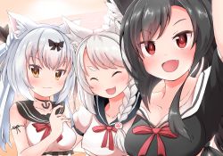 Rule 34 | 3girls, :3, :d, ^ ^, anchor choker, animal ear fluff, animal ears, arm ribbon, arm up, azur lane, bare shoulders, black bow, black hair, black sailor collar, black shirt, blush, bow, braid, breasts, cat ears, closed eyes, collarbone, commentary request, crop top, crop top overhang, fang, hair between eyes, hair bow, hand up, highres, hoshino (s22), long hair, looking at viewer, medium breasts, multiple girls, neck ribbon, open mouth, ponytail, red eyes, red ribbon, ribbon, sailor collar, selfie, shigure (azur lane), shirt, short eyebrows, short sleeves, side braid, sidelocks, silver hair, smile, swept bangs, thick eyebrows, tied shirt, twintails, underboob, upper body, white sailor collar, wolf ears, wolf girl, yellow eyes, yukikaze (azur lane), yuudachi (azur lane)