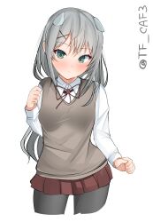Rule 34 | 1girl, absurdres, alternate costume, black pantyhose, brown skirt, collared shirt, cowboy shot, cropped legs, dress shirt, grey eyes, grey hair, grey vest, headgear, highres, i-201 (kancolle), kantai collection, long hair, looking at viewer, neck ribbon, one-hour drawing challenge, pantyhose, parted lips, pleated skirt, red ribbon, ribbon, shirt, simple background, skirt, solo, sweater vest, tf cafe, vest, white background, white shirt