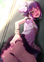 Rule 34 | 10s, 1girl, ass, black panties, blush, bracelet, brown eyes, commentary request, from behind, from below, hair ornament, hairclip, hand on own ass, heart, heart-shaped pupils, idolmaster, idolmaster cinderella girls, jewelry, koshimizu sachiko, looking at viewer, looking back, nail polish, natsumi akira, necklace, open mouth, panties, purple hair, short hair, skirt, smile, solo, sweat, symbol-shaped pupils, underwear