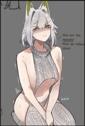 Rule 34 | 1girl, animal ear fluff, animal ears, arknights, artist name, bare shoulders, breasts, cat ears, cat girl, collarbone, commentary, english commentary, english text, green eyes, grey background, grey hair, grey panties, grey thighhighs, hair intakes, highres, kal&#039;tsit (arknights), large breasts, looking at viewer, medium hair, meme attire, nuggetkouhai, open mouth, panties, revealing clothes, seiza, sitting, solo, stomach, sweat, thighhighs, trembling, underwear, virgin destroyer sweater