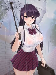 1girl bellfonts blue_bow blue_bowtie blue_skirt blush bow bowtie breasts briefcase closed_mouth commentary dot_mouth english_commentary highres holding holding_briefcase holding_umbrella komi-san_wa_komyushou_desu komi_shouko large_breasts long_hair looking_at_viewer pleated_skirt purple_eyes purple_hair rain red_bow red_bowtie red_skirt shirt skirt solo standing striped_bow striped_bowtie striped_clothes striped_skirt two-tone_bow two-tone_bowtie two-tone_skirt umbrella wet wet_clothes wet_shirt