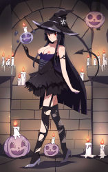 Rule 34 | 1girl, bad id, bad pixiv id, black gloves, black hair, blush, breasts, breasts out, candle, candlelight, closed mouth, costume, embarrassed, glass (tate no yuusha no nariagari), gloves, halloween, halloween costume, hat, highres, long hair, medium breasts, nathan stefv, nipples, pumpkin, red eyes, solo, standing, tate no yuusha no nariagari, very long hair, witch, witch hat