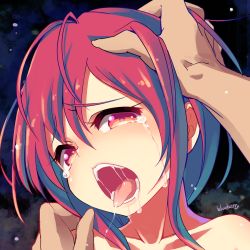 Rule 34 | 1girl, artist name, blueberry (5959), collarbone, crying, hand on another&#039;s head, head grab, looking at viewer, nude, open mouth, oral invitation, original, pink eyes, portrait, red hair, saliva, short hair, solo focus, tears, tongue, tongue out
